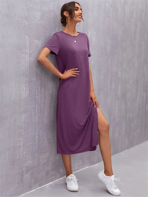 WW | Damen Strickkurzarmkleid Rundhals Schlitz Mid Rock