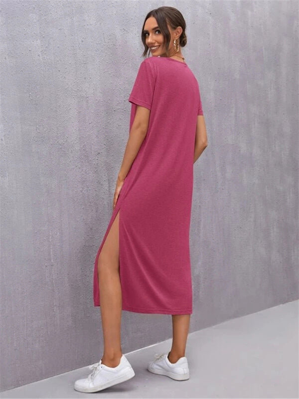 WW | Damen Strickkurzarmkleid Rundhals Schlitz Mid Rock