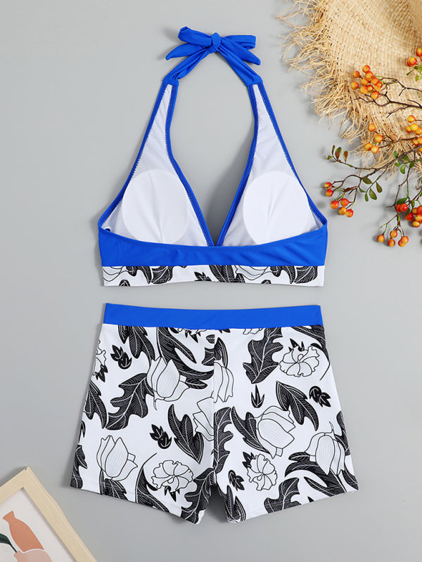WW | Damen Hohe Taille Boxer Bindung Bedruckt Einfarbiges Panel Bikini