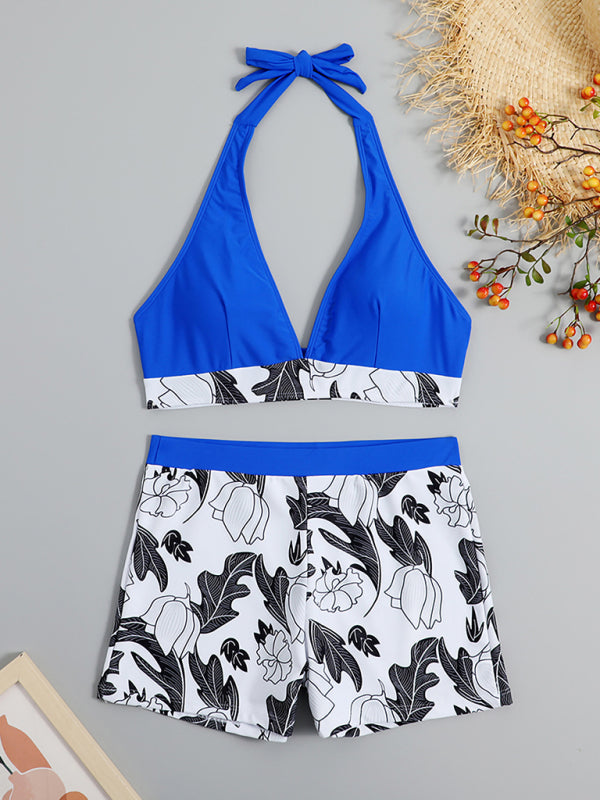 WW | Damen Hohe Taille Boxer Bindung Bedruckt Einfarbiges Panel Bikini