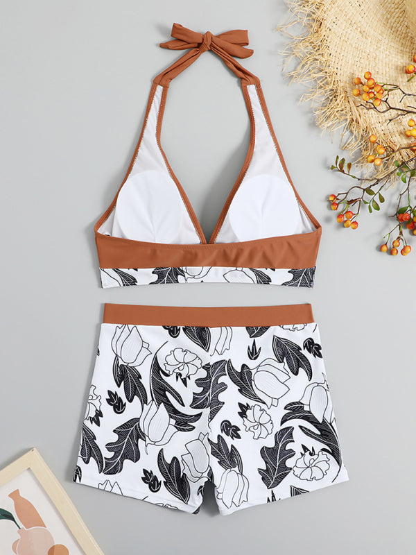 WW | Damen Hohe Taille Boxer Bindung Bedruckt Einfarbiges Panel Bikini