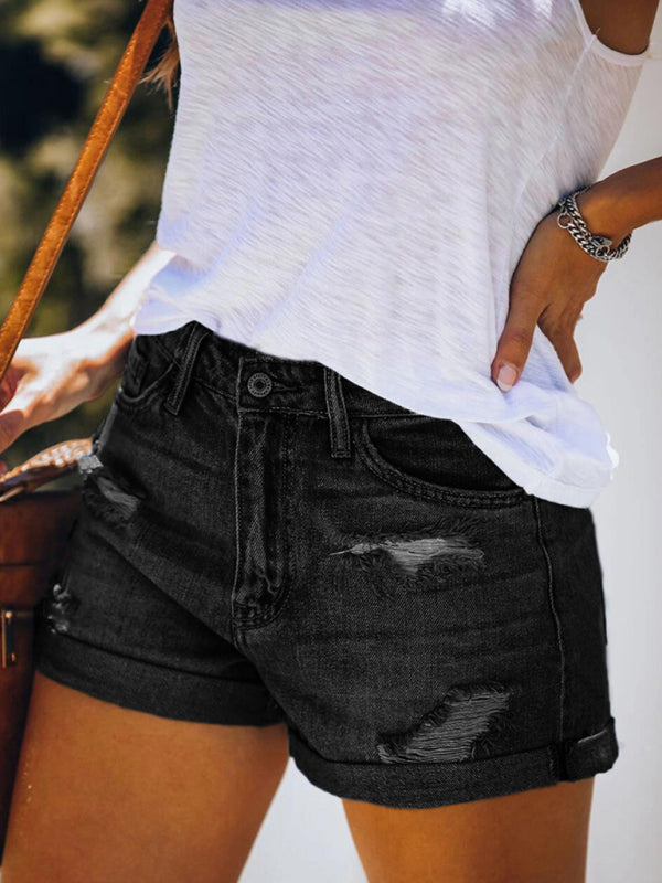 WW | Damen Stretch Mittelhohe Denim-Shorts mit Löchern