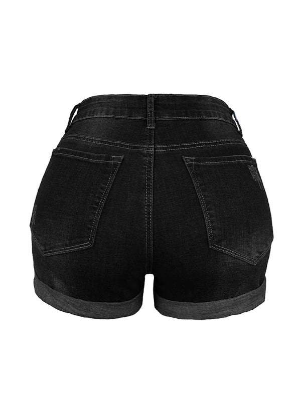 WW | Damen Stretch Mittelhohe Denim-Shorts mit Löchern