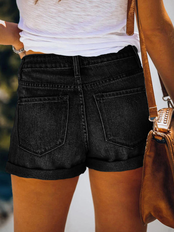 WW | Damen Stretch Mittelhohe Denim-Shorts mit Löchern