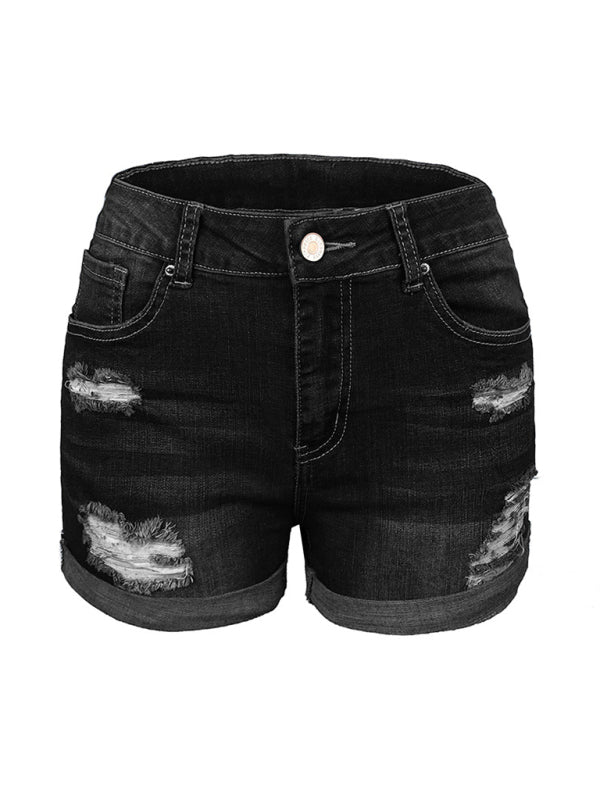 WW | Damen Stretch Mittelhohe Denim-Shorts mit Löchern