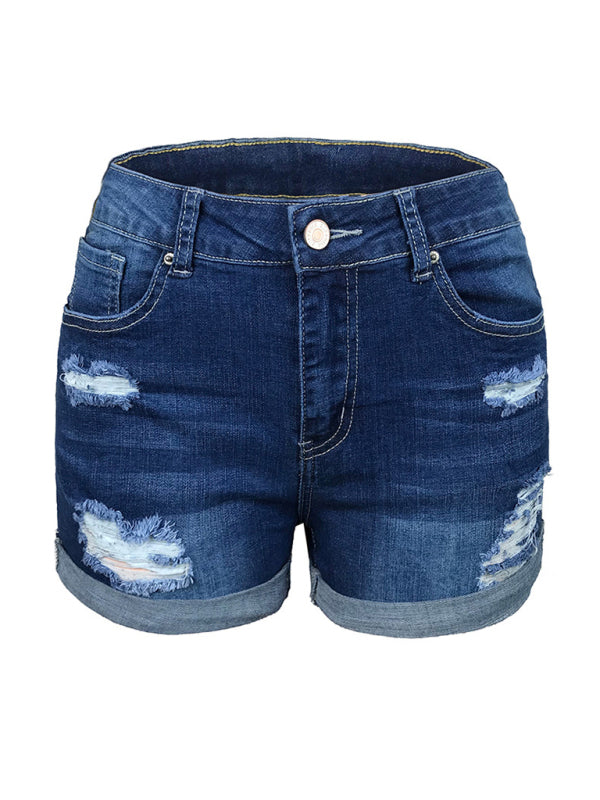 WW | Damen Stretch Mittelhohe Denim-Shorts mit Löchern