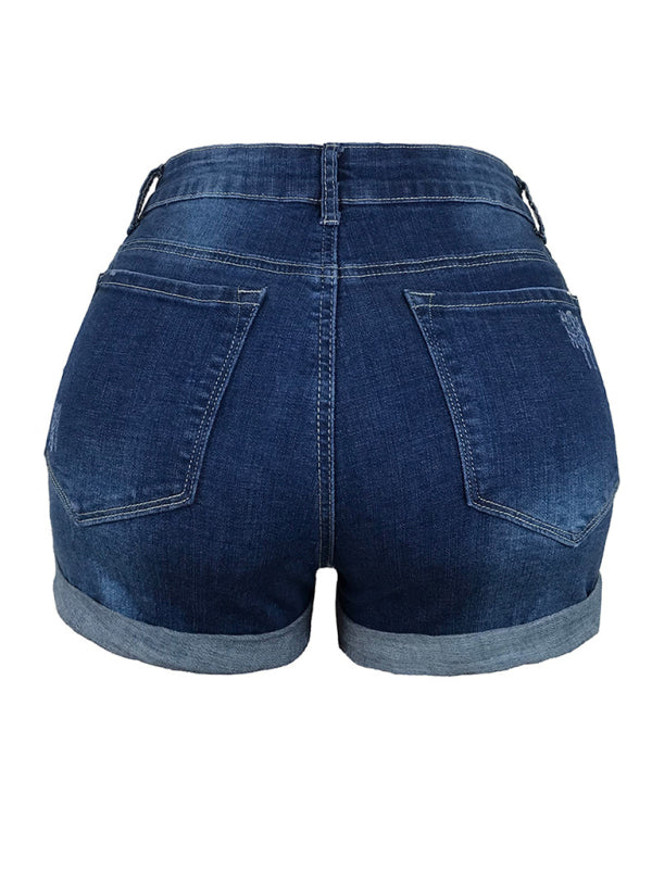 WW | Damen Stretch Mittelhohe Denim-Shorts mit Löchern