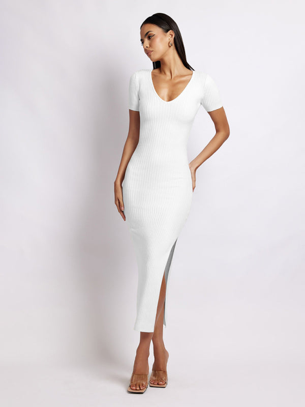 WW | Damen Strick V-Ausschnitt enganliegend Schlitz Kurzarm Midikleid