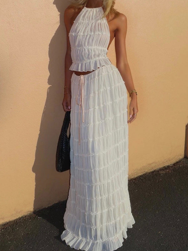 WW | Rückenfreies Schnür-Top-Set und zweiteiligem Chiffon-gefaltetem langen Rock mit Ohrringen