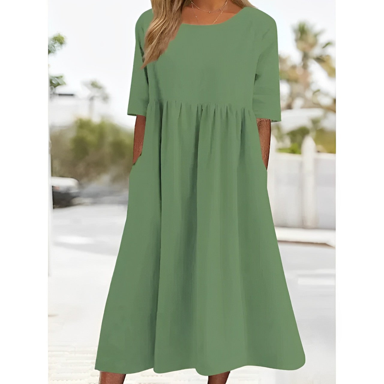 WW | Atmungsaktives Baumwoll-Leinen Vintage Midi-Kleid mit Falten-Design