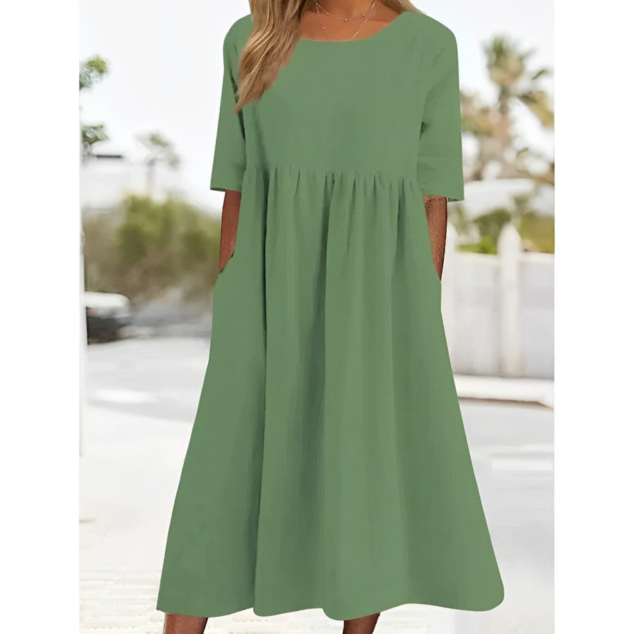 WW | Atmungsaktives Baumwoll-Leinen Vintage Midi-Kleid mit Falten-Design
