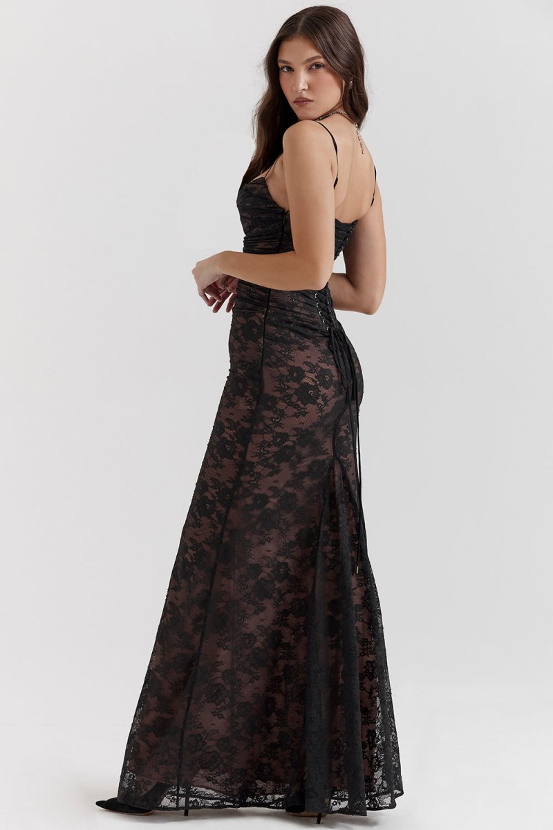 WW - Damen Elegantes Spitzen-Korsett-Bodycon-Kleid mit Schnür-Taille