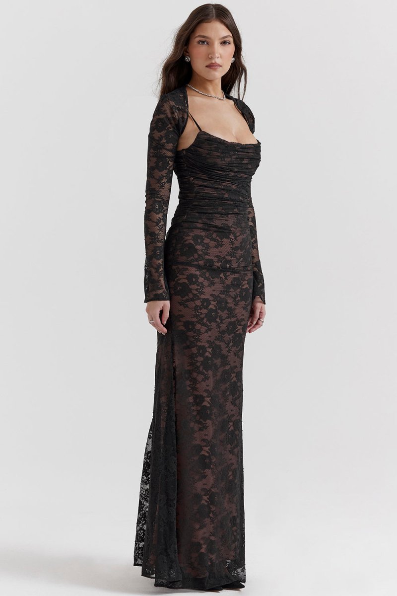 WW - Damen Elegantes Spitzen-Korsett-Bodycon-Kleid mit Schnür-Taille