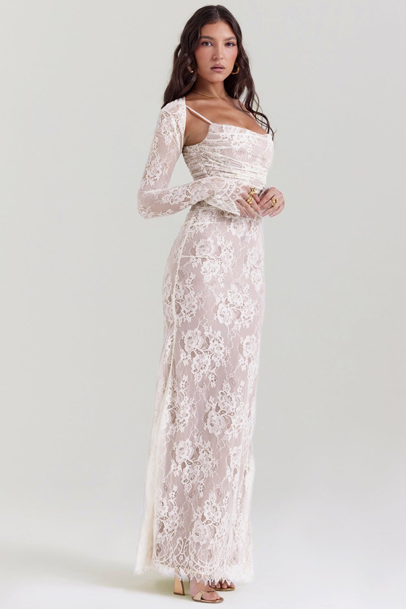 WW - Damen Elegantes Spitzen-Korsett-Bodycon-Kleid mit Schnür-Taille