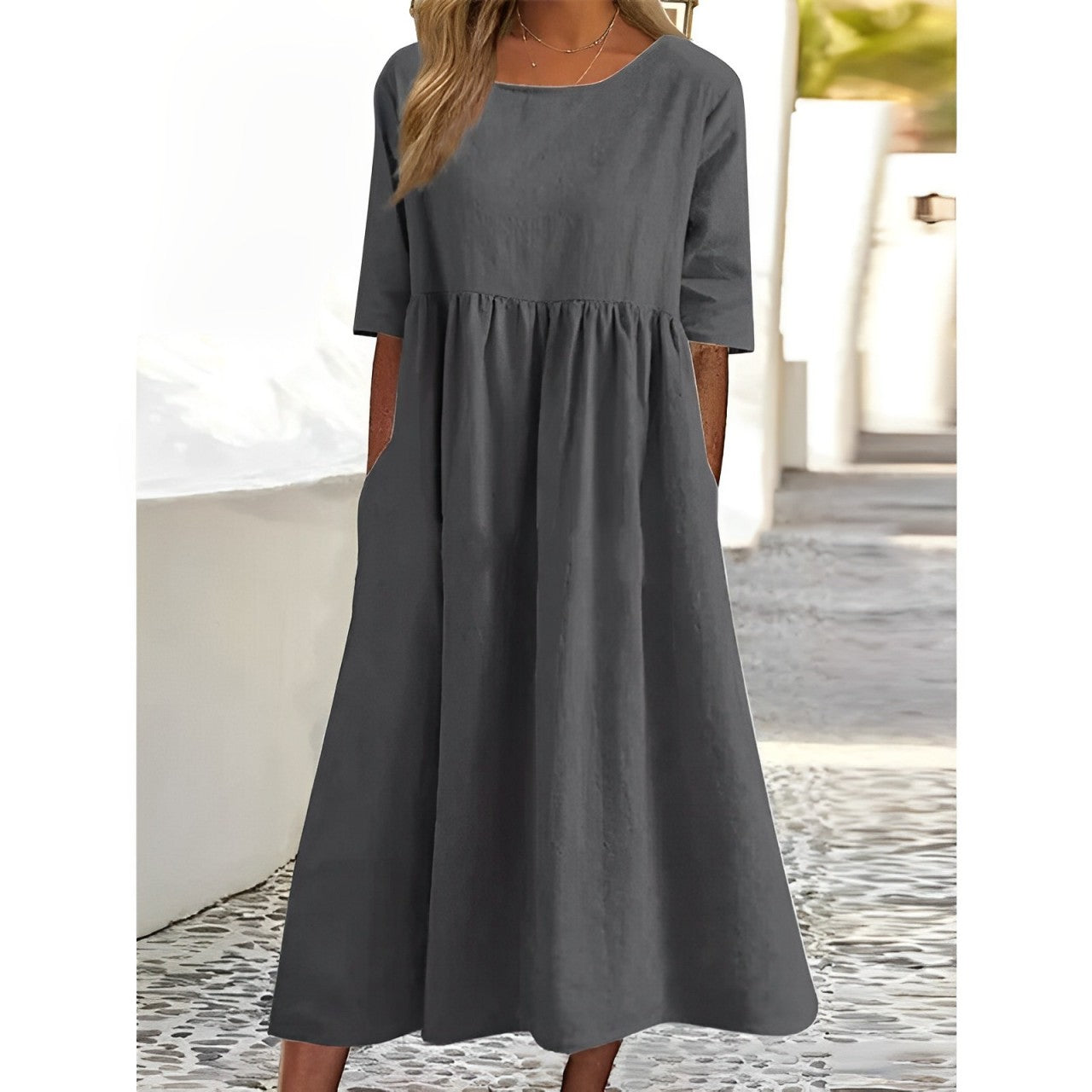 WW | Atmungsaktives Baumwoll-Leinen Vintage Midi-Kleid mit Falten-Design