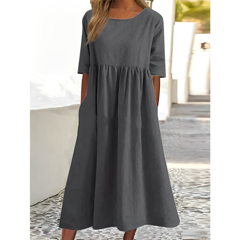 WW | Atmungsaktives Baumwoll-Leinen Vintage Midi-Kleid mit Falten-Design