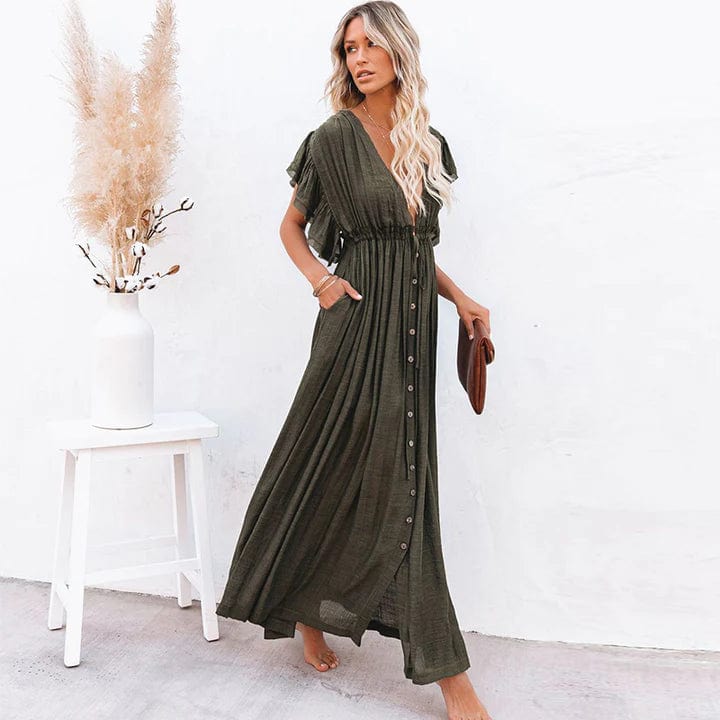WW | Dunkelgrünes Kleid mit V-Ausschnitt - Elegantes Maxikleid für besondere Anlässe