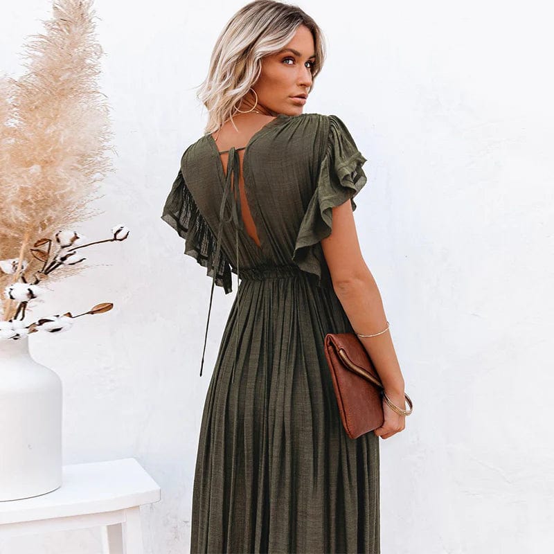WW | Dunkelgrünes Kleid mit V-Ausschnitt - Elegantes Maxikleid für besondere Anlässe