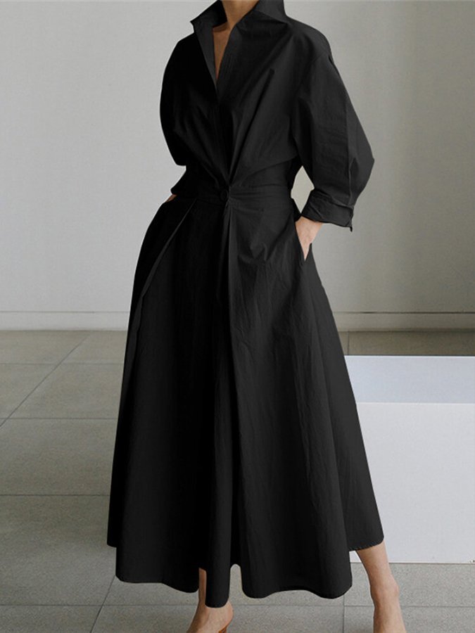 WW | Elegantes Hemdblusen-Maxi-Kleid mit Gürtel für Damen