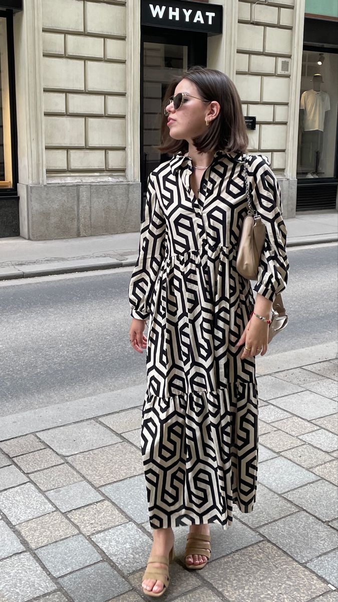 WW | Langarm Maxikleid mit Geometrischem Druck für Frauen Winsett
