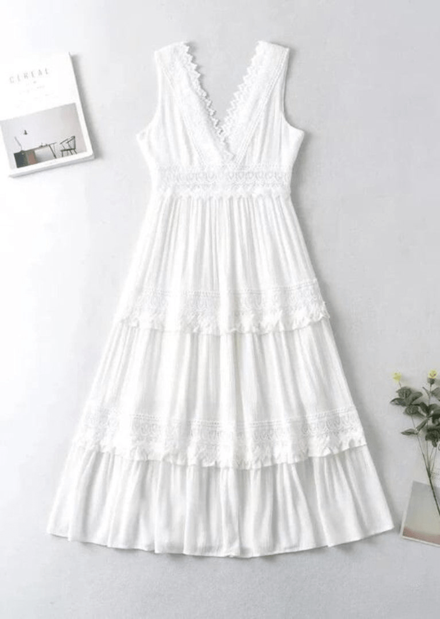 WW | Elegante Damen Maxi Kleid Mit Spitz V-Ausschnitt Weißes Kleid