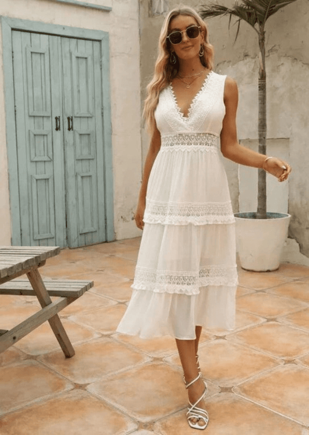 WW | Elegante Damen Maxi Kleid Mit Spitz V-Ausschnitt Weißes Kleid