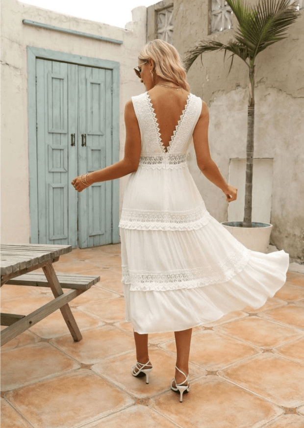 WW | Elegante Damen Maxi Kleid Mit Spitz V-Ausschnitt Weißes Kleid