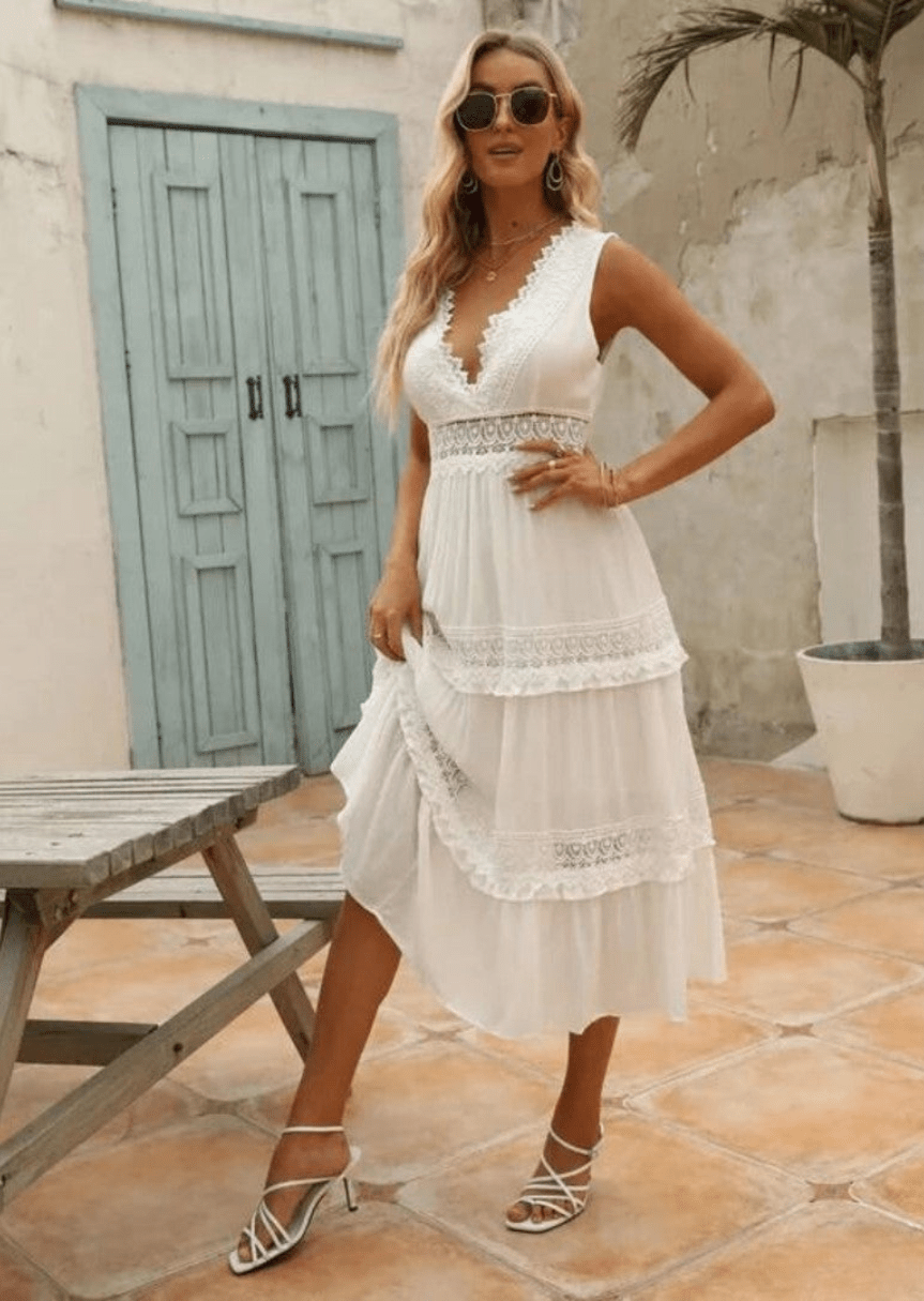 WW | Elegante Damen Maxi Kleid Mit Spitz V-Ausschnitt Weißes Kleid