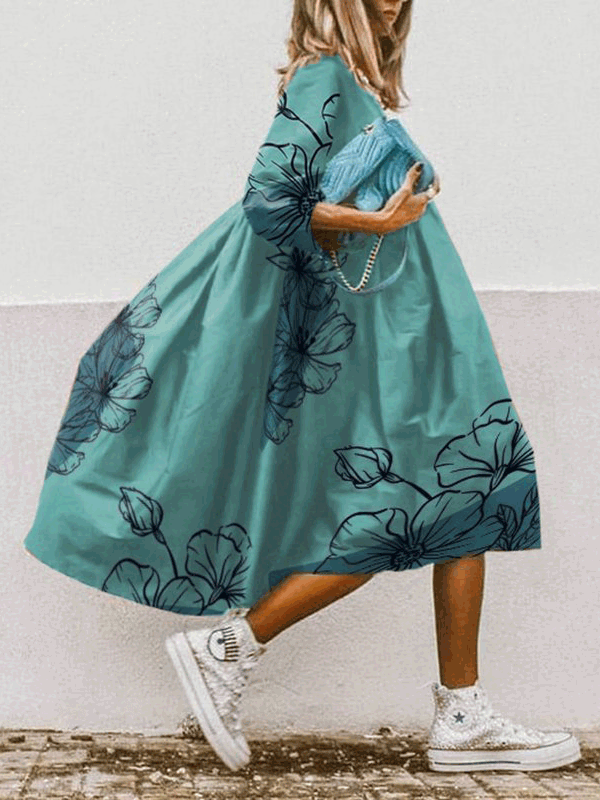 WW | Damen Kleider Boho Print Rundhalsausschnitt Mittelarm Kleid