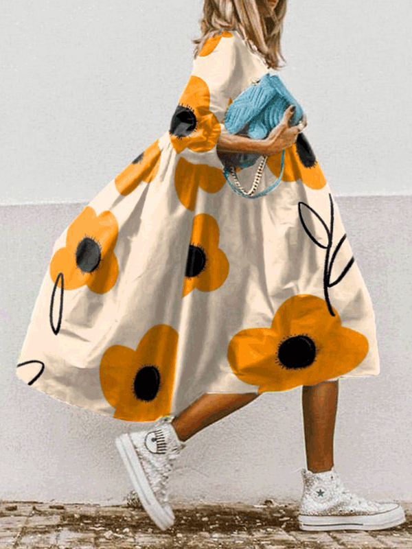 WW | Damen Kleider Boho Print Rundhalsausschnitt Mittelarm Kleid