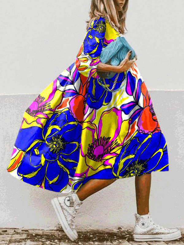 WW | Damen Kleider Boho Print Rundhalsausschnitt Mittelarm Kleid