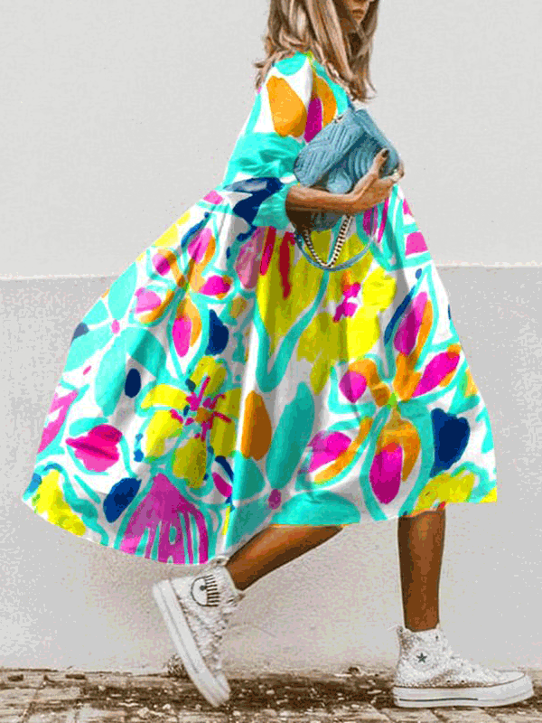 WW | Damen Kleider Boho Print Rundhalsausschnitt Mittelarm Kleid