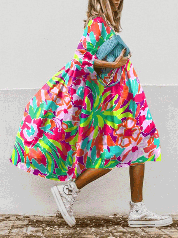 WW | Damen Kleider Boho Print Rundhalsausschnitt Mittelarm Kleid