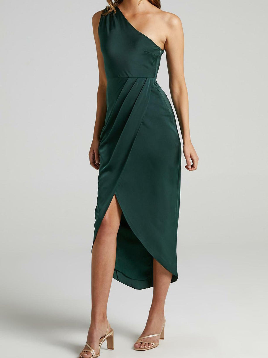 WW | Damen Kleider Einfarbig Ein Schulter Ärmlos Unregelmäßig Schlitz Kleid