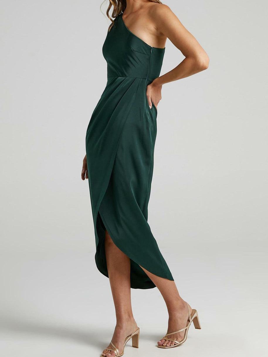 WW | Damen Kleider Einfarbig Ein Schulter Ärmlos Unregelmäßig Schlitz Kleid