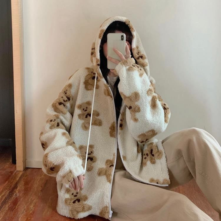 W&W Harajuku Bär Teddy Druck Plüsch Jacke flauschige Kapuze Oberbekleidung