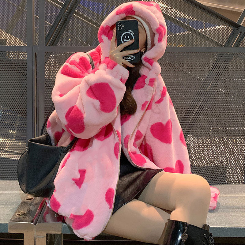 W&W Harajuku Bär Teddy Druck Plüsch Jacke flauschige Kapuze Oberbekleidung