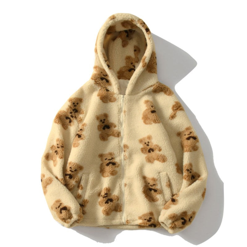 W&W Harajuku Bär Teddy Druck Plüsch Jacke flauschige Kapuze Oberbekleidung