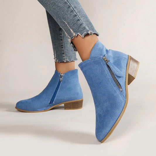 Blaue orthopädische Lederstiefel mit Absatz und Reißverschluss
