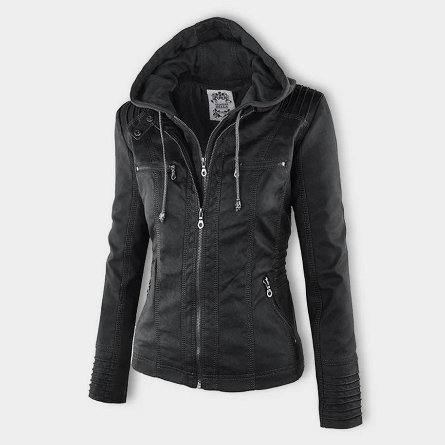 Seitenansicht einer schwarz lederjacke mit kapuze