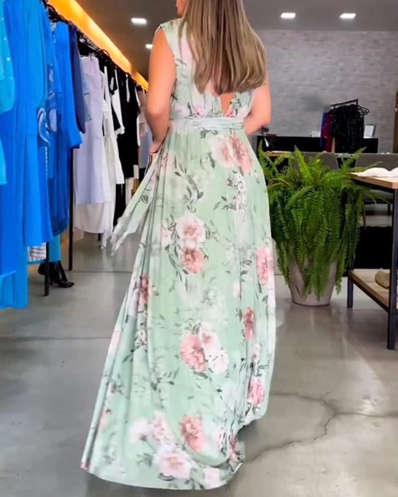 WW | Elegantes Ärmelloses V-Ausschnitt Floral Druck Kleid