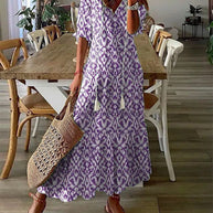 WW - Maxikleid im Boho-Ikat-Print mit Quastenbändern | Lässiges Maxikleid im Bohemian-Stil mit V-Ausschnitt
