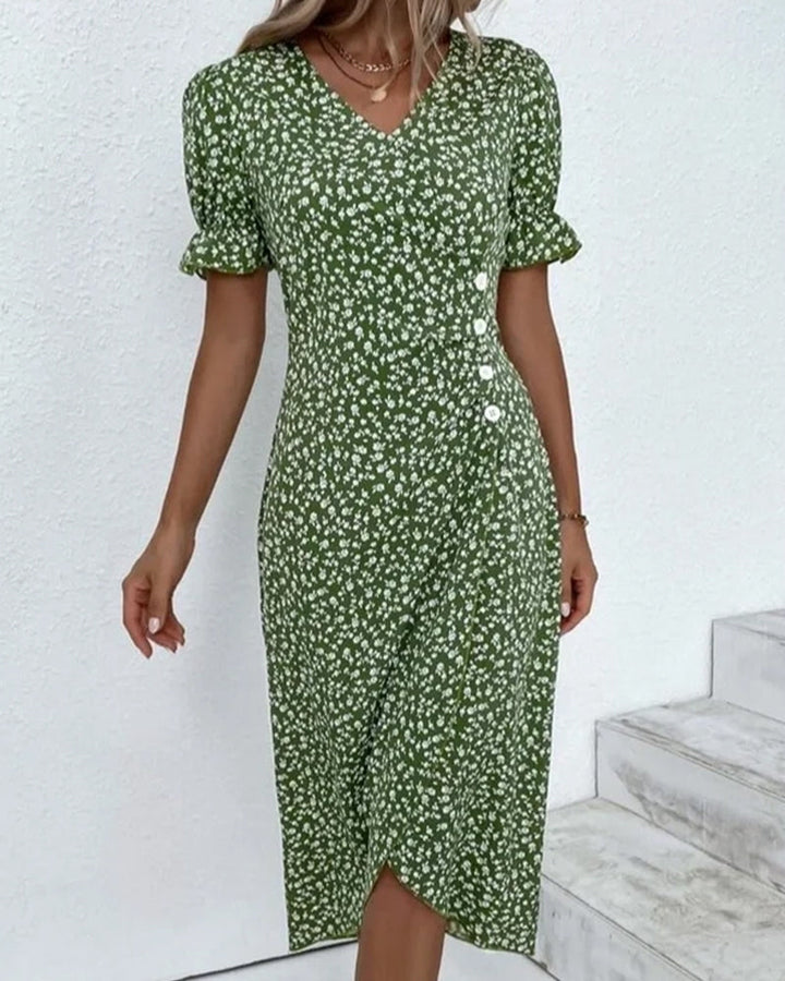 W&W Mode - Schickes Wickel-Midikleid mit Blumenmuster und Knopfdetail | Elegantes Kleid mit V-Ausschnitt und Blumendruck