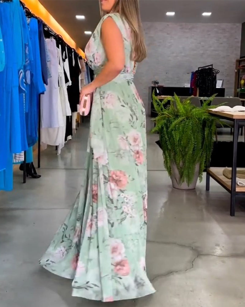 WW | Elegantes Ärmelloses V-Ausschnitt Floral Druck Kleid
