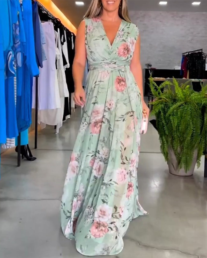 WW | Elegantes Ärmelloses V-Ausschnitt Floral Druck Kleid