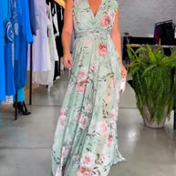 WW | Elegantes Ärmelloses V-Ausschnitt Floral Druck Kleid