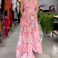 WW | Elegantes Ärmelloses V-Ausschnitt Floral Druck Kleid