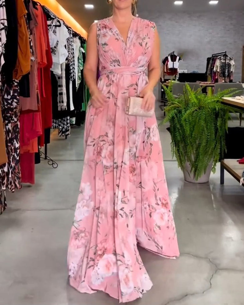 WW | Elegantes, Ärmelloses Kleid mit Blumendruck und V-Ausschnitt