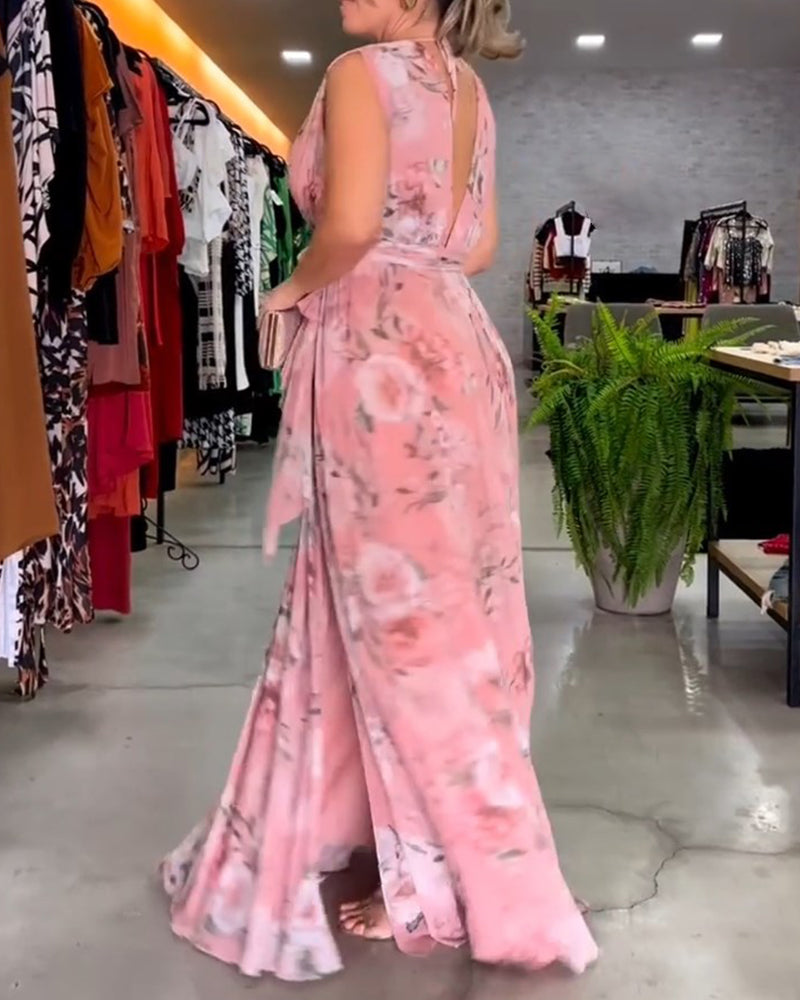 WW | Elegantes, Ärmelloses Kleid mit Blumendruck und V-Ausschnitt