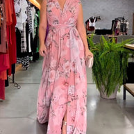 WW | Elegantes Ärmelloses V-Ausschnitt Floral Druck Kleid